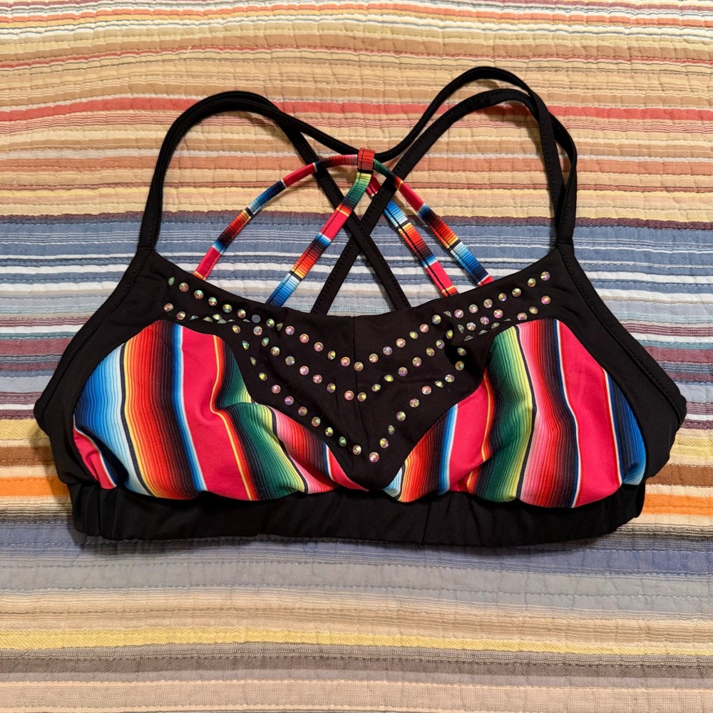 L&B Apparel Women Serape Stripe Rhinestone Sports Bra/Swim Black Multi Small